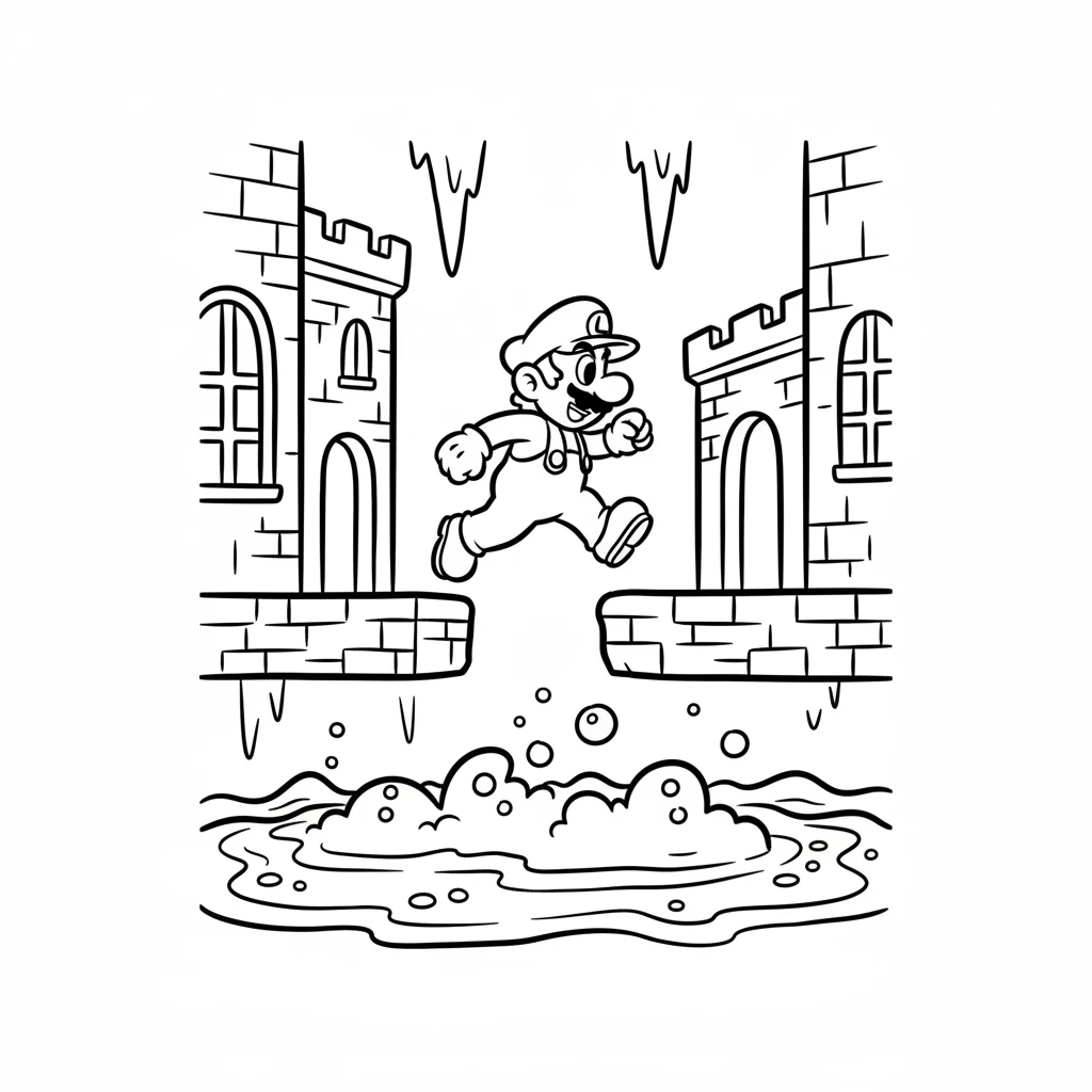 Mario enters a grand, spooky castle with towering walls. Tricky platforms float over bubbling lava. He carefully navigates the dangerous path forward.