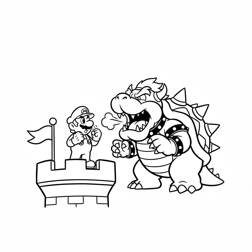 At the top of the castle, Mario finds the big, spiky Bowser! Bowser roars loudly, ready for a challenge. Mario takes a deep breath, ready to face his foe.