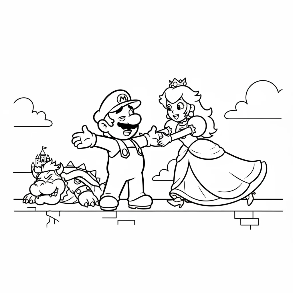 With a final heroic effort, Mario defeats Bowser! Princess Peach rushes to hug him, relieved and happy. Together, they celebrate their victory, ready to go home.