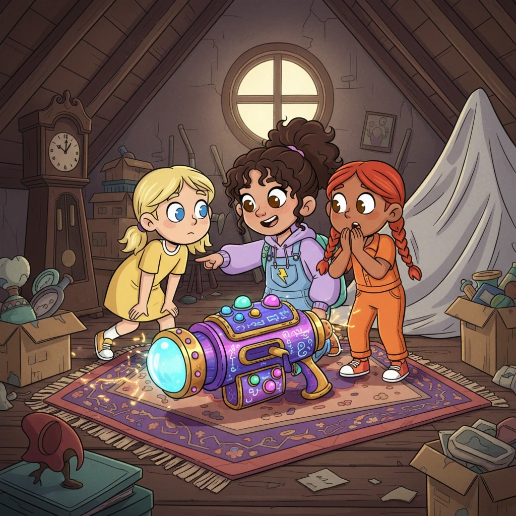 Mia, Chloe, and Zoe huddle excitedly over a peculiar, glowing ray gun-like device they unearthed from the attic. It's covered in sparkling buttons and strange symbols, its vibrant colors pulsing softly with an unknown power.