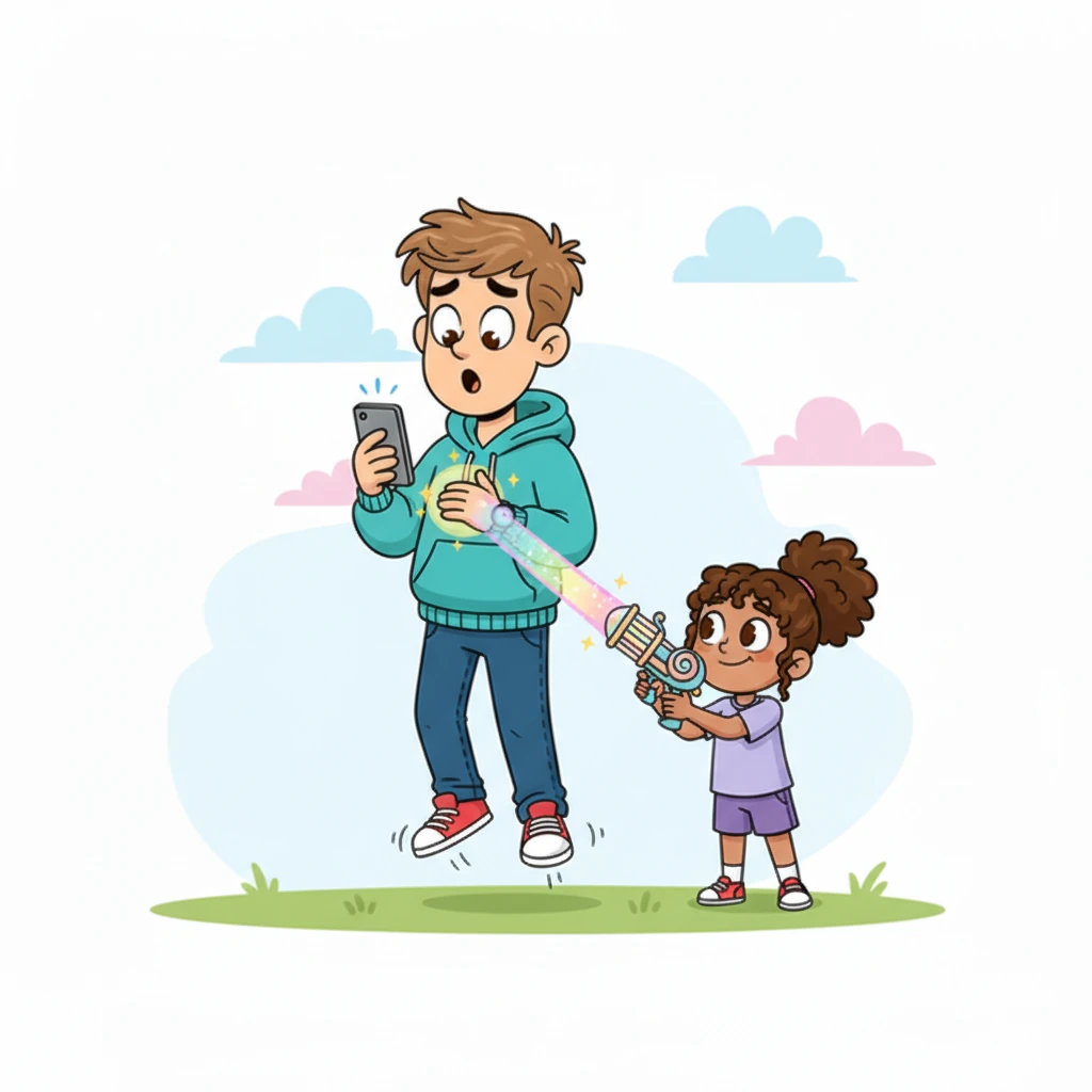 With a mischievous giggle, one of the girls playfully points the device at a distracted Leo, still engrossed in his phone. A shimmering, iridescent beam zaps him, and he lets out a surprised yelp as his feet lift from the floor, his body visibly shrinking a few inches.