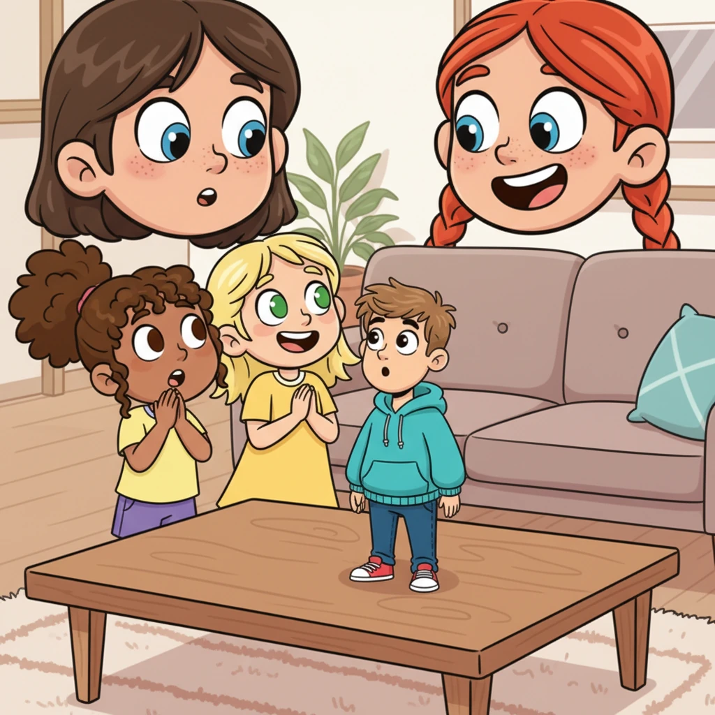 Leo, now about the size of a large action figure, stands bewildered on the coffee table, peering up at the towering faces of Mia and her friends. They gasp in a mix of shock and delighted amusement, while his clothes hang comically baggy on his smaller frame.