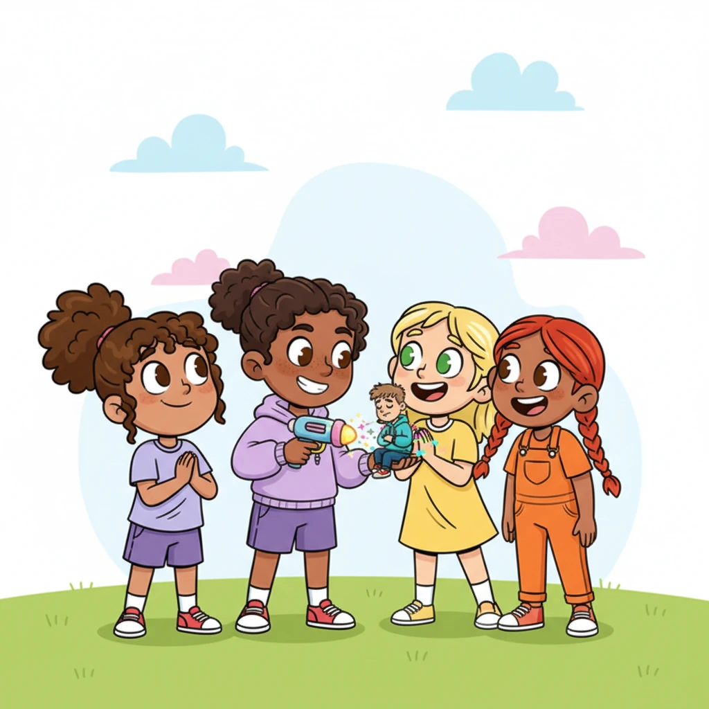 Realizing the device works, the girls can't resist. With mischievous grins, they point it at Leo again, and with another sparkly zap, he shrinks further, now small enough to sit comfortably in the palm of Mia's hand, looking adorably disgruntled.