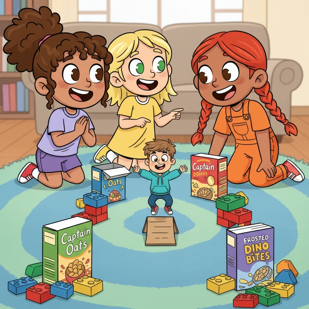 Leo, now no bigger than a thumb, navigates a playful obstacle course made of cereal boxes and LEGO bricks on the living room floor. The giant girls cheer him on, their faces full of glee as he dodges tiny obstacles with surprising agility.