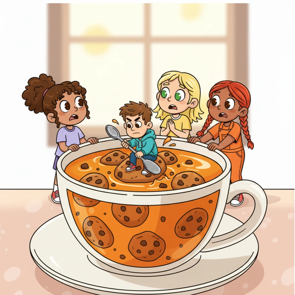 Shrunk even smaller, Leo finds himself on a perilous "island" of cookies floating in a teacup of juice, using a tiny spoon as a paddle. The girls watch, eyes wide with pretend concern, as he embarks on his sweet, sugary voyage.