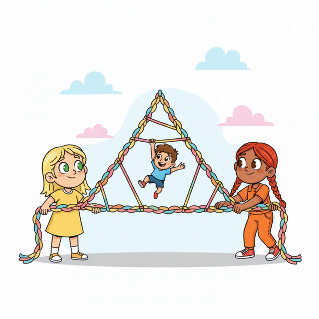 Leo, now minuscule, swings through a giant cat's cradle made of yarn, stretched between the girls' fingers. He's a tiny acrobat, performing daring aerial stunts in their playful, colorful web, a testament to his newfound agility.