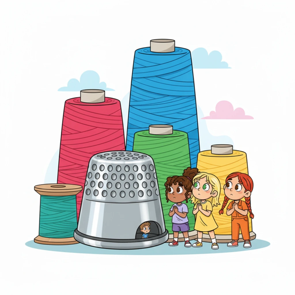 In a final, tiny adventure, Leo is so small he can barely be seen, peeking out from under a giant sewing thimble. Spools of vibrant thread tower over him like colorful skyscrapers, as the girls carefully watch over their nearly invisible brother.