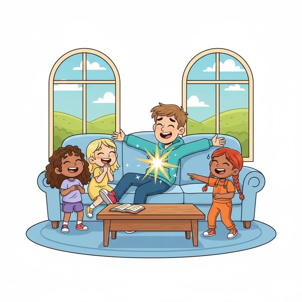 With one last, bright flash, Leo is restored to his normal size, sprawling dramatically on the couch once more, but this time with a wide, exhausted grin. Mia and her friends collapse in giggles beside him, sharing a secret, unforgettable adventure.