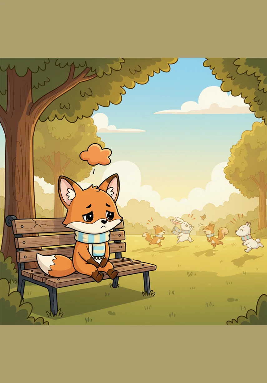 Felix the fox sat all by himself on a weathered wooden bench, watching the other animals play in the golden afternoon sun. He felt like a small, orange cloud in a very big blue sky, wishing he had someone to share his afternoon with. The park was full of laughter, but Felix’s corner remained very quiet and still.