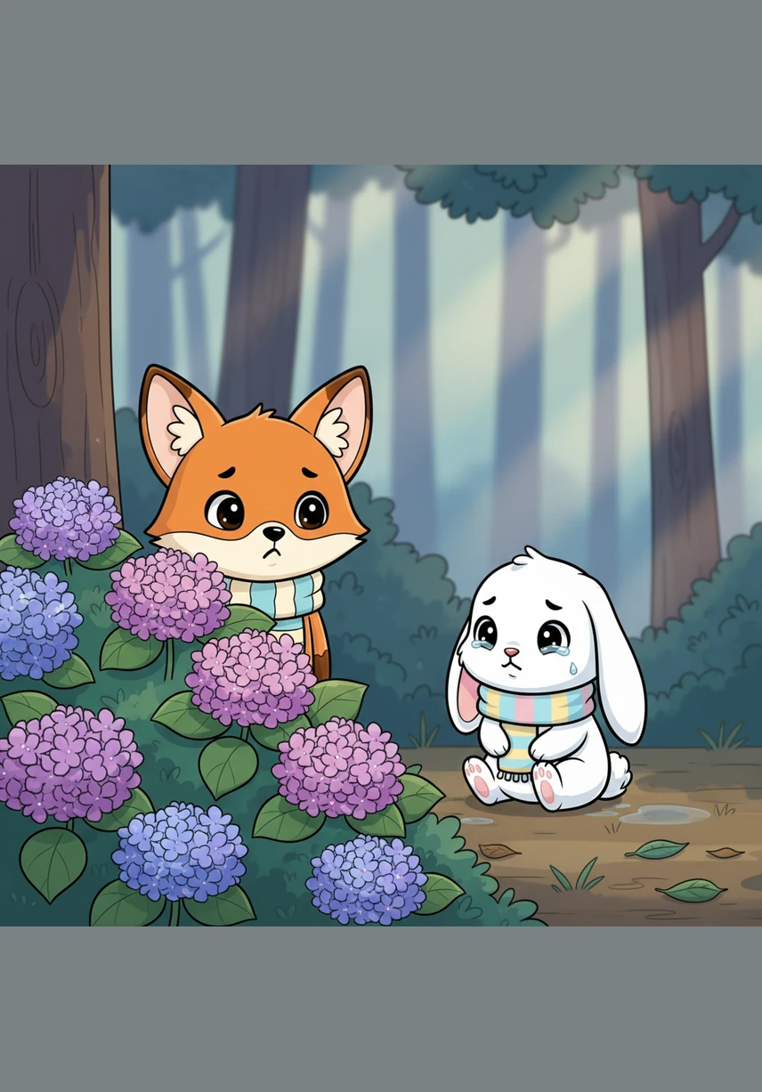 While wandering near the edge of the whispering woods, Felix heard a tiny, rhythmic sniffle coming from behind a flowering hydrangea bush. He peeked through the soft purple petals and saw a small, white bunny with long, drooping ears. The bunny looked very lost and was trembling slightly in the cool shade.