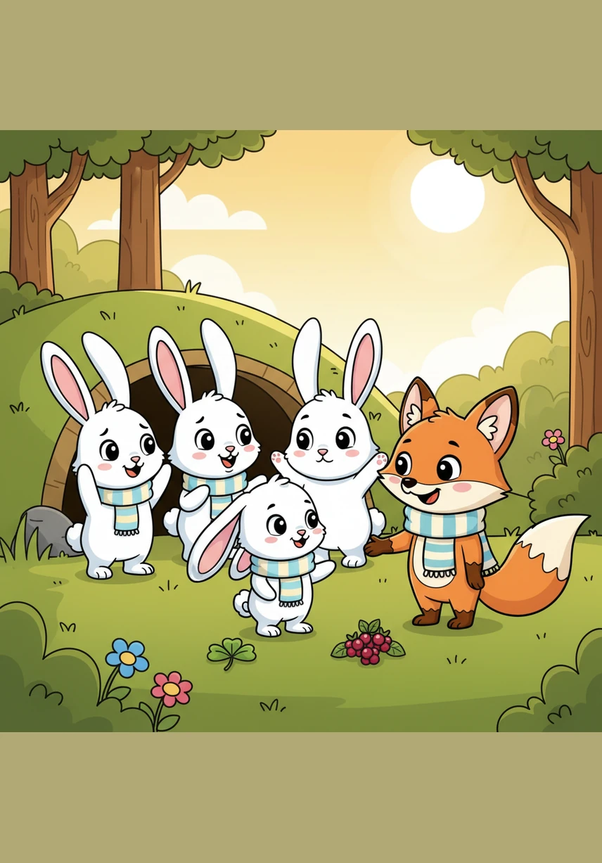 A group of worried bunnies emerged from the burrow, cheering loudly when they saw Bella safe and sound. Bella told her family all about the brave and kind fox who had guided her through the park and kept her safe. Felix stood back shyly until Bella’s mother invited him over for a delicious snack of sweet clover and wild berries.