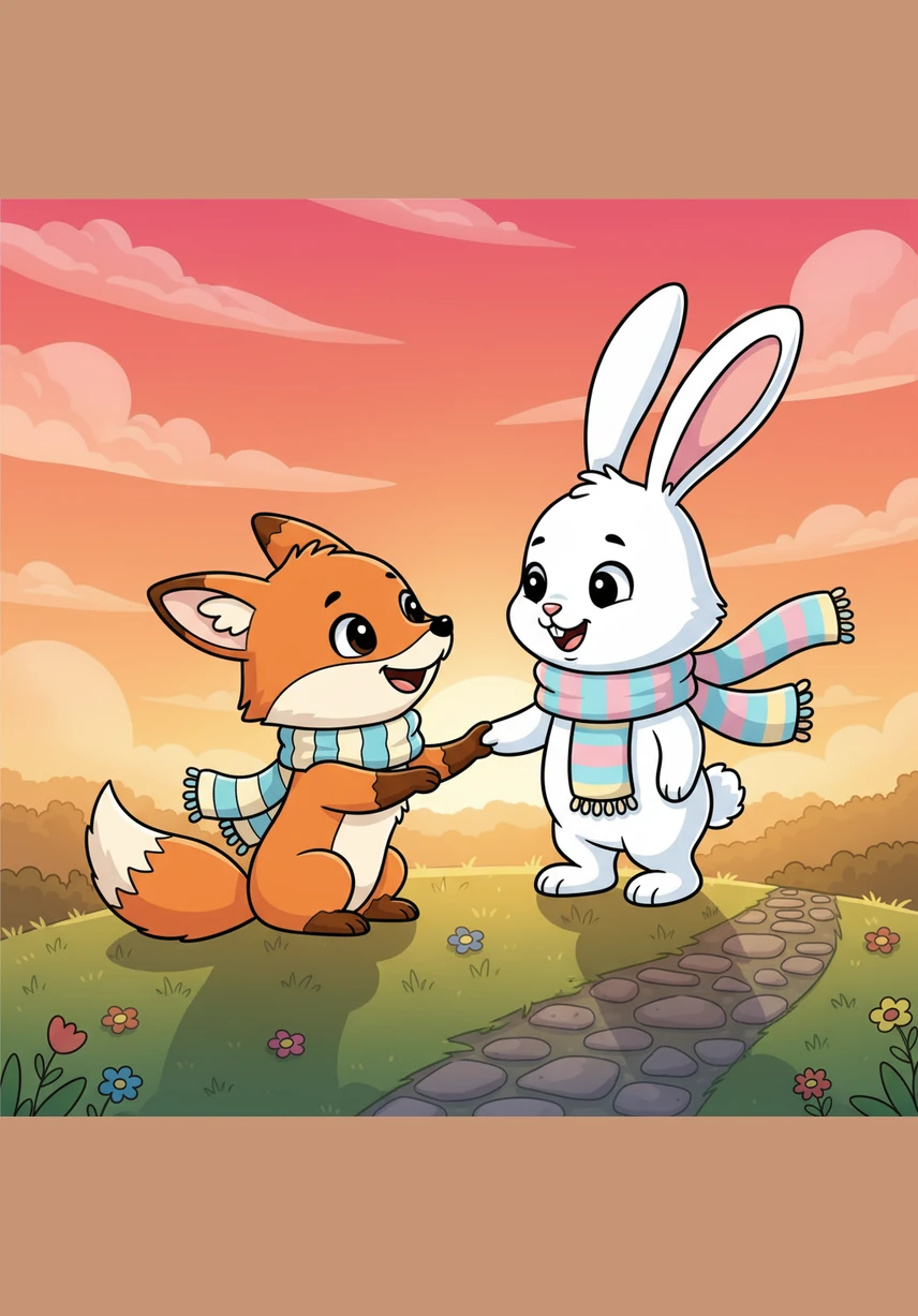 As the sun began to dip below the horizon, painting the sky in shades of pink and orange, Felix and Bella made a special promise. They agreed to meet at the wooden bench every single morning for new adventures and games. Felix walked home under the first twinkling star, knowing he would never be a lonely fox again.
