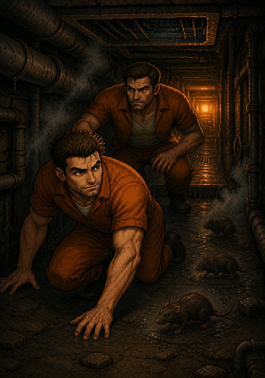 Slipping through the loosened ventilation grille, Nate and Sam scrambled into the narrow, dark utility tunnels running beneath the prison complex. Rats scurried past their boots as they navigated through a maze of steaming pipes, guided only by the faint, rhythmic hum of the facility's backup generator.