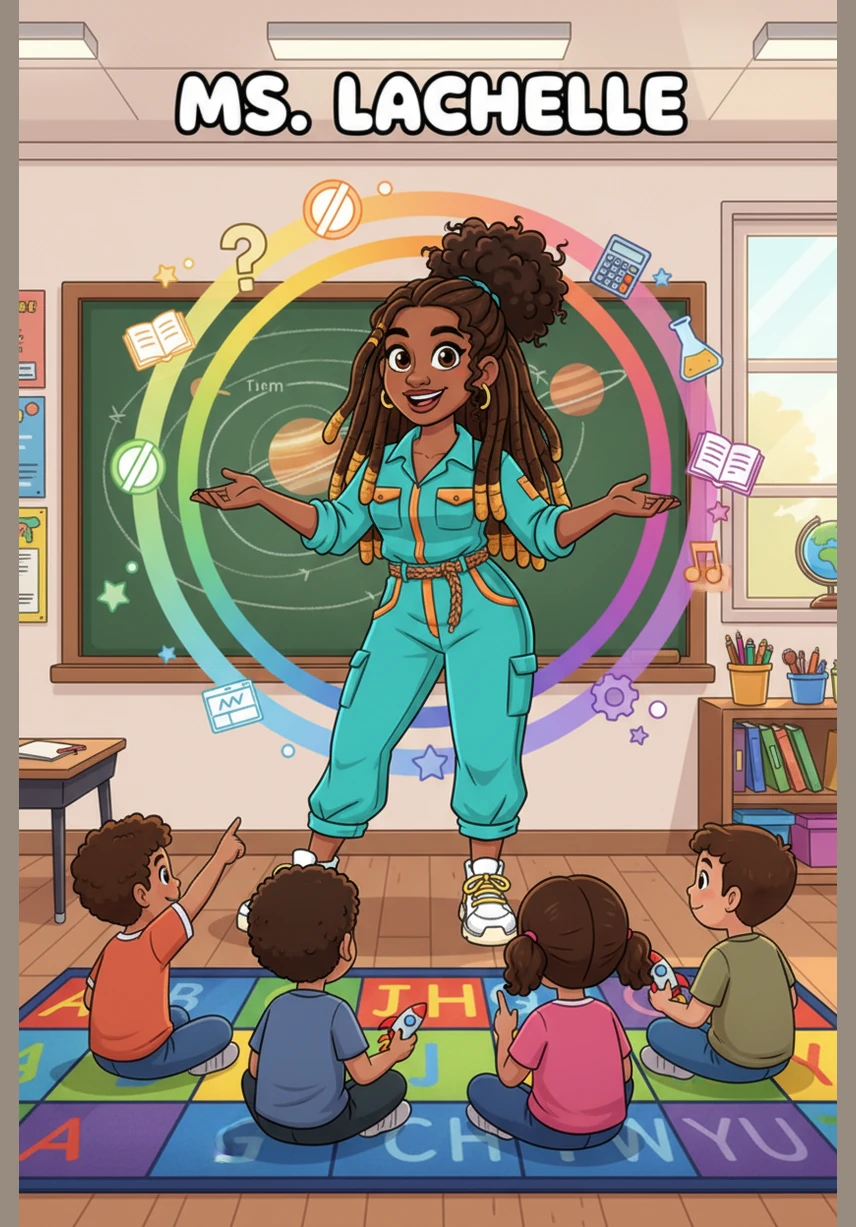 Ms. Lachelle said, 'Class, gather 'round, a magical secret has just been found! Step on the bus, it's time for a ride, to see the wonders the deep oceans hide.' Ms. Lachelle, an energetic African American woman with brown locs, stands by a bright yellow bus that looks like a sleek submarine. Chelcey, DShunda, and Keyarah are excitedly boarding while the rest of the class follows behind with backpacks and goggles.