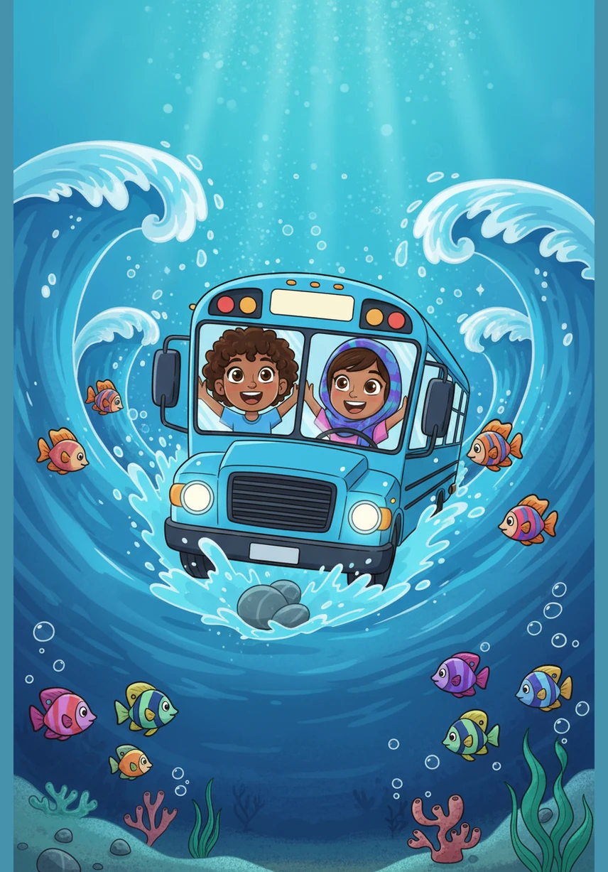 The bus started glowing a brilliant blue, it shrunk to the size of a pebble or two! Kyla and Anoosha let out a cheer, as the giant blue waves began to appear. The bus, now a tiny and glowing submarine, splashes into the sparkling blue ocean water. Anoosha, wearing a colorful hijab, and Kyla are looking out the circular windows with wide, amazed eyes as bubbles rise around them.