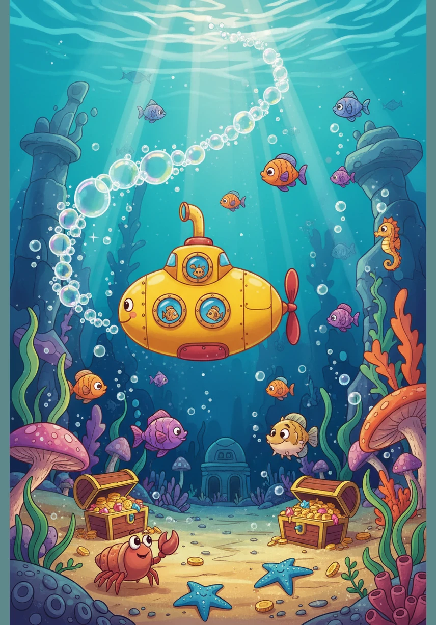 Down through the bubbles, they started to glide, with Melanie and Stephanie right by their side. The coral was pink, the anemones green, the prettiest garden they’d ever seen! The submarine swims through a vibrant, glowing coral reef teeming with life. Melanie and Stephanie are pointing at a family of orange clownfish darting in and out of a swaying green sea anemone.