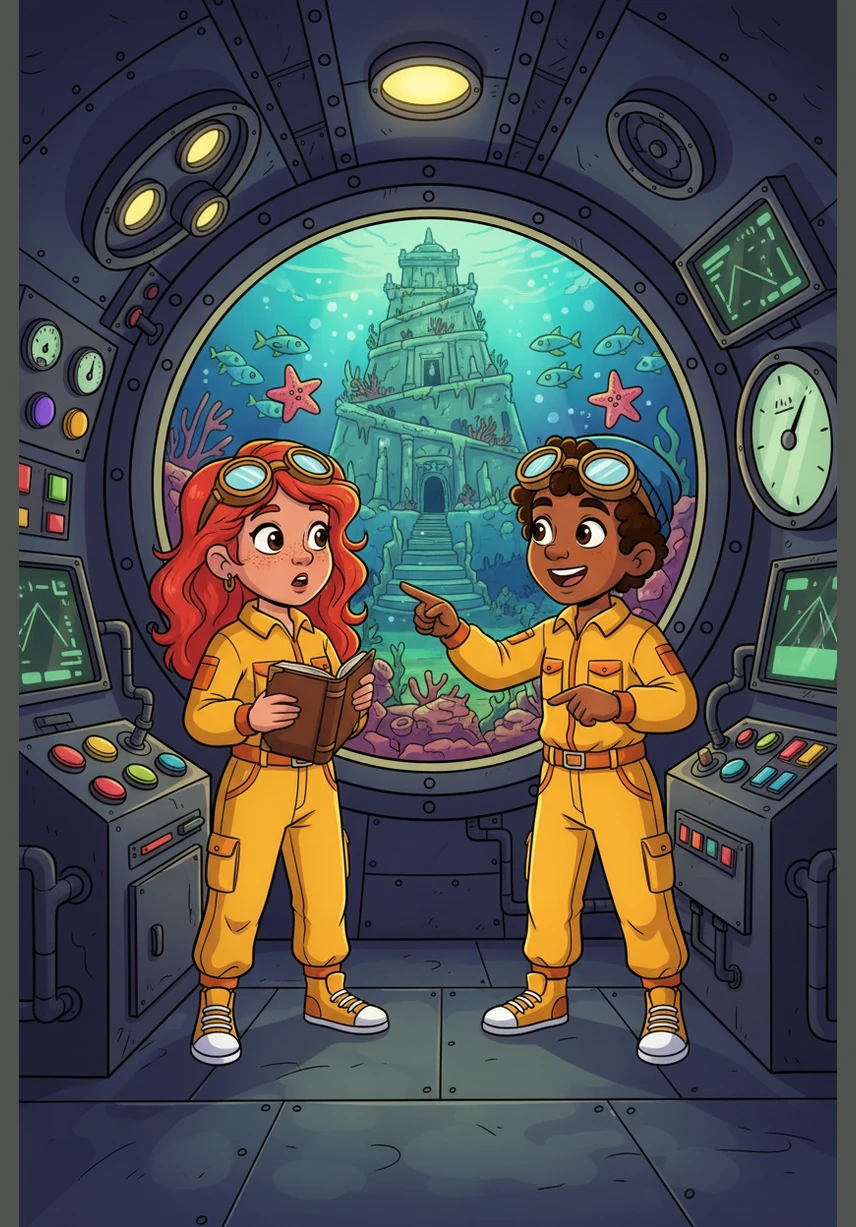 Danielle and Naomi saw turtles swim past, 'Slow down!' cried Naomi, 'They're moving so fast!' With shells like old maps and flippers so wide, they drifted along with the warm ocean tide. A giant, friendly sea turtle with an intricate shell pattern swims alongside the submarine. Danielle, with her bright red hair, and Naomi are waving through the glass at their new reptilian friend.