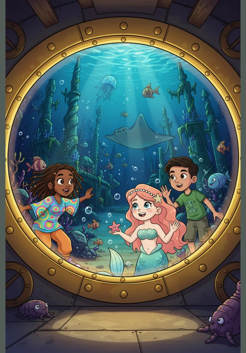 Jessica and Karla watched silver fish swirl, in a shimmering dance and a glittering twirl. 'There's so many colors!' Jose gave a shout, as thousands of neighbors came swimming about. A massive school of glittering silver and blue fish surrounds the submarine in a swirling vortex. Jessica, Karla, and Jose are pressed against the windows, captivated by the shimmering motion of the fish.