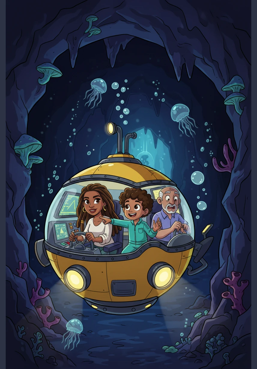Rosa and Destiny spotted a light, deep in a cave that was dark as the night. 'Let's follow the glow,' Ms. Lachelle said with glee, 'There's more to discover beneath the deep sea!' The submarine enters a mysterious but inviting underwater cave filled with glowing blue crystals. Rosa and Destiny are looking at bioluminescent plants and jellyfish that light up the dark cavern walls.
