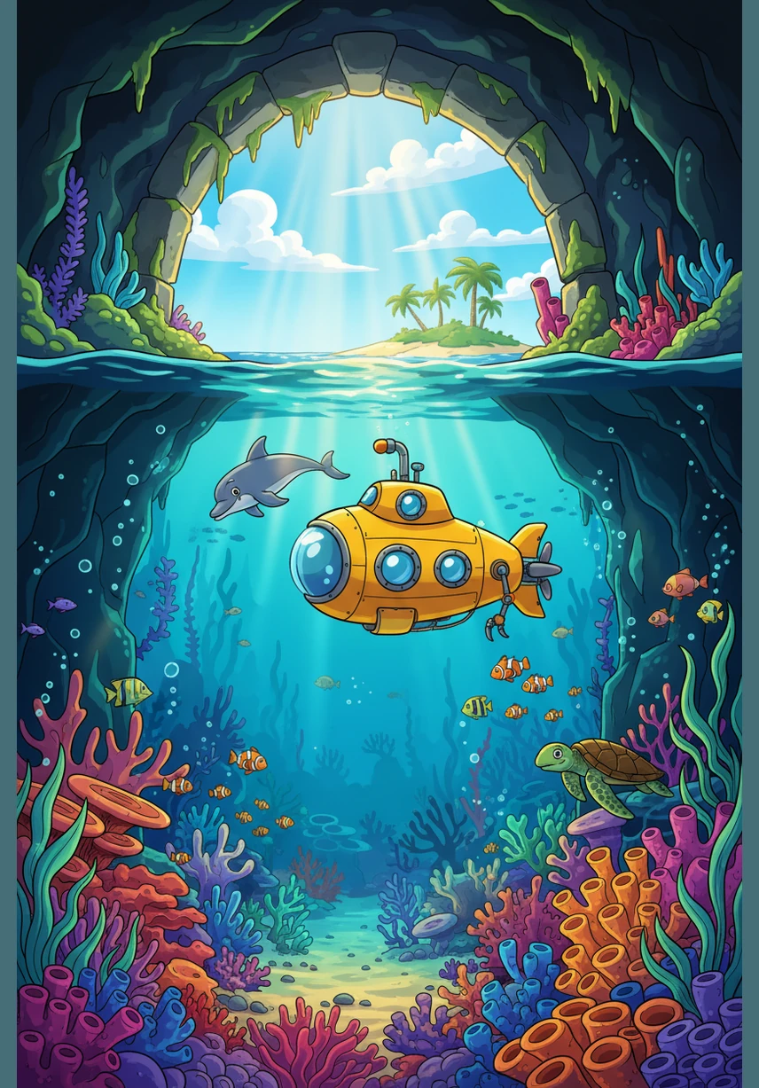 They popped through the tunnel and what did they find? A hidden lagoon of a magical kind! The water was sparkling, the sand was like gold, a story of wonder was about to unfold. The submarine emerges from the cave into a breathtaking, sun-drenched underwater lagoon. The water is crystal clear, and the floor is covered in shimmering golden sand and sparkling pearls.