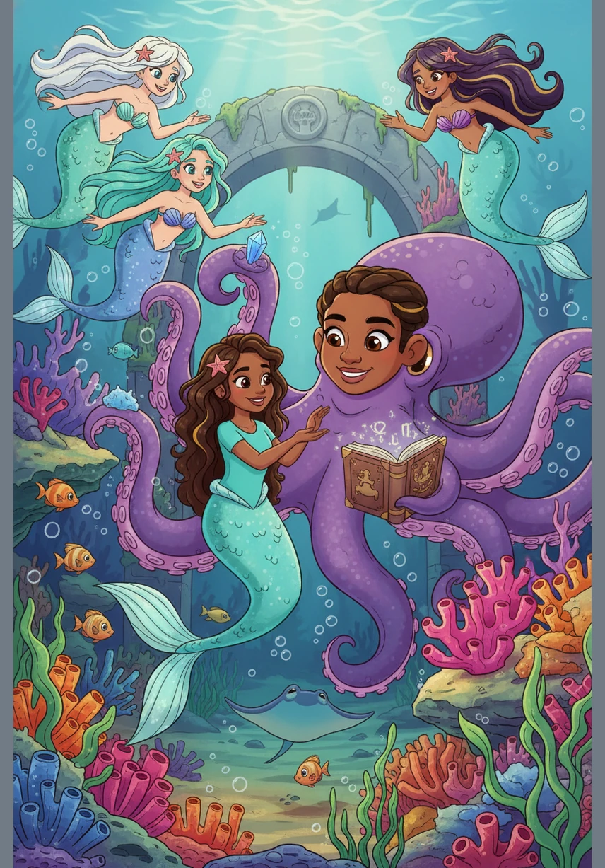 Out swam the mermaids with tails bright and long, greeting the class with a beautiful song. 'Welcome, young friends,' the sea-folk all cried, as the students watched closely, beaming with pride. Several beautiful mermaids with flowing hair and colorful, iridescent tails swim up to the submarine windows. All the students, including Ms. Lachelle, are visible behind the glass, smiling and waving back at them.