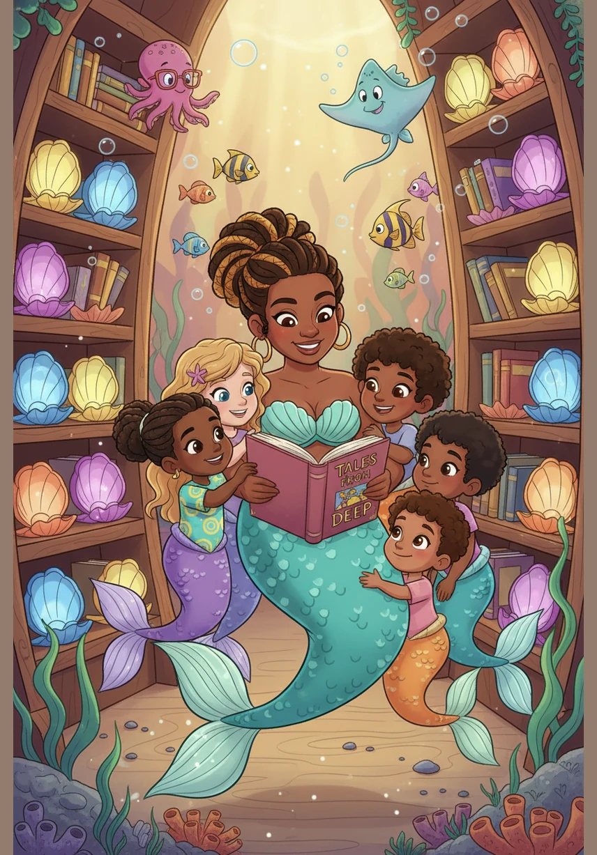 'Thank you,' said a mermaid, 'for keeping us clear, of plastic and trash that we all truly fear. Protecting the ocean keeps our home bright, so we can all dance in the shimmering light.' A mermaid with a crown of shells speaks to Ms. Lachelle, who is now outside the bus in a shimmering magical air bubble. They are surrounded by a pristine, healthy reef free of any litter.