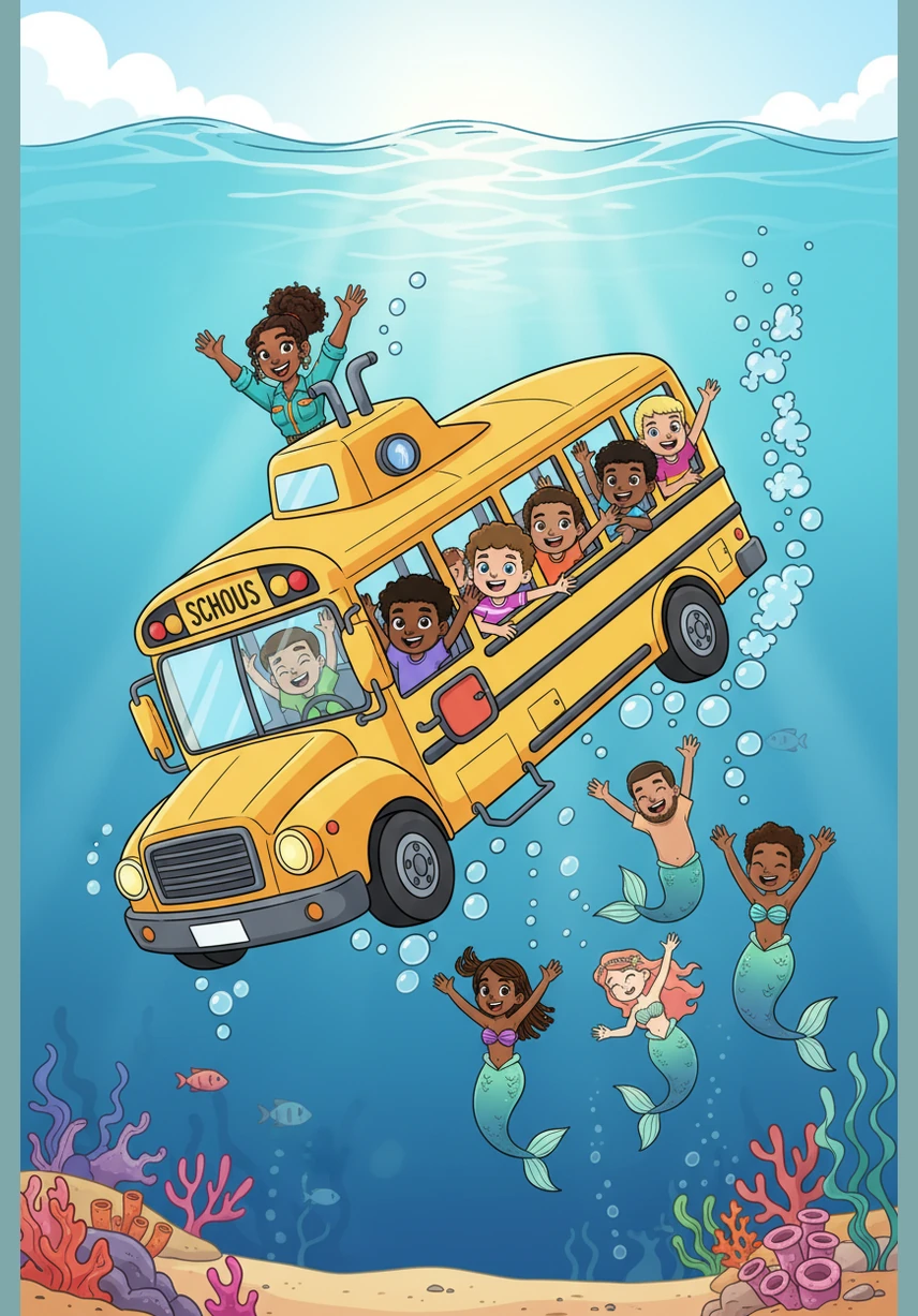 The adventure was over, the day was complete, but the lessons they learned were incredibly sweet. 'We'll protect every wave!' the whole class declared, for the magical ocean and all those who shared. The submarine bus transforms back into a regular bus as it flies up toward the surface, leaving a trail of bubbles. The entire class is cheering and waving goodbye to the mermaids jumping in the wake behind them.