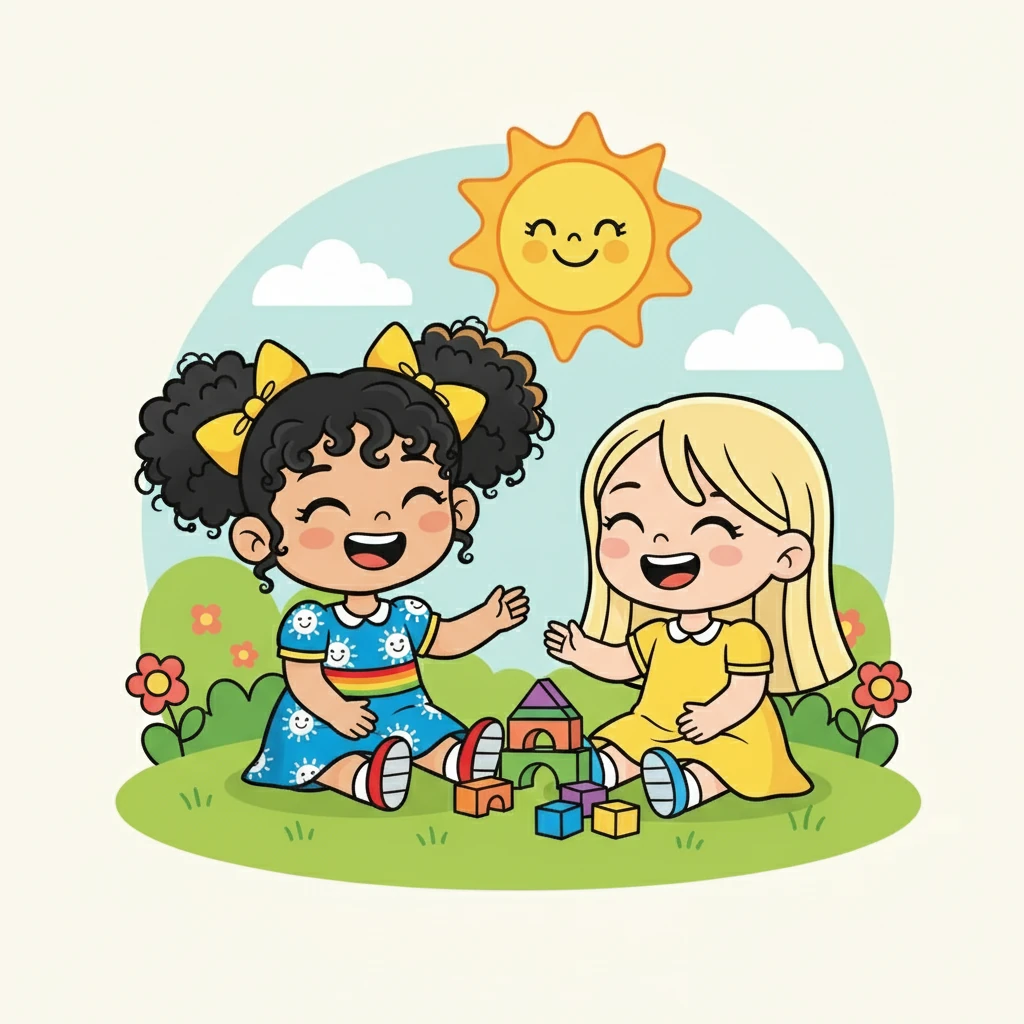 אלמה עם שיער בלונדיני מתולתל ודרי עם שיער חלק בהיר יושבות זו לצד זו, מחייכות ומשחקות יחד. השמש זורחת מעליהן, ומאירה את פניהן השמחות.