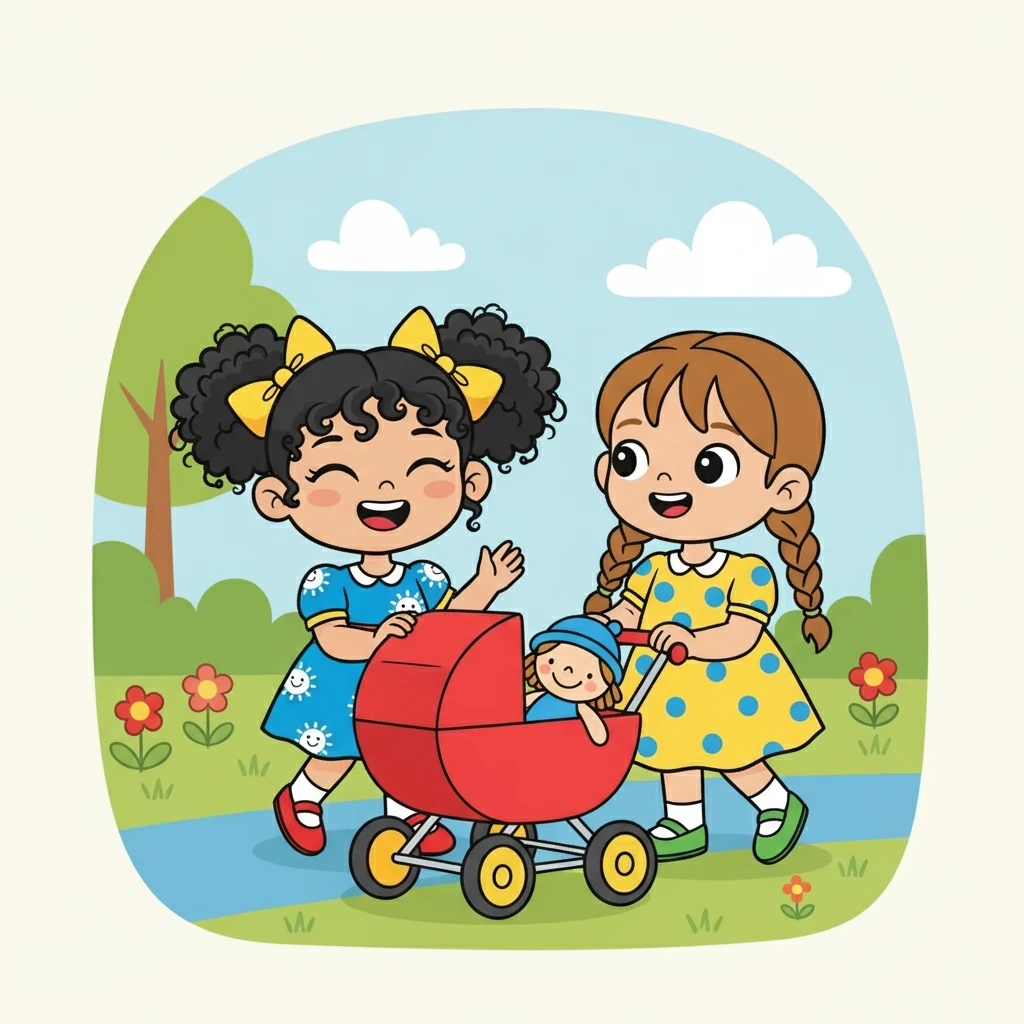 אלמה ודרי דוחפות עגלת צעצוע, ובתוכה בובה חמודה. הן צוחקות ומשוחחות, כאילו הבובה היא חברה נוספת במסע שלהן.