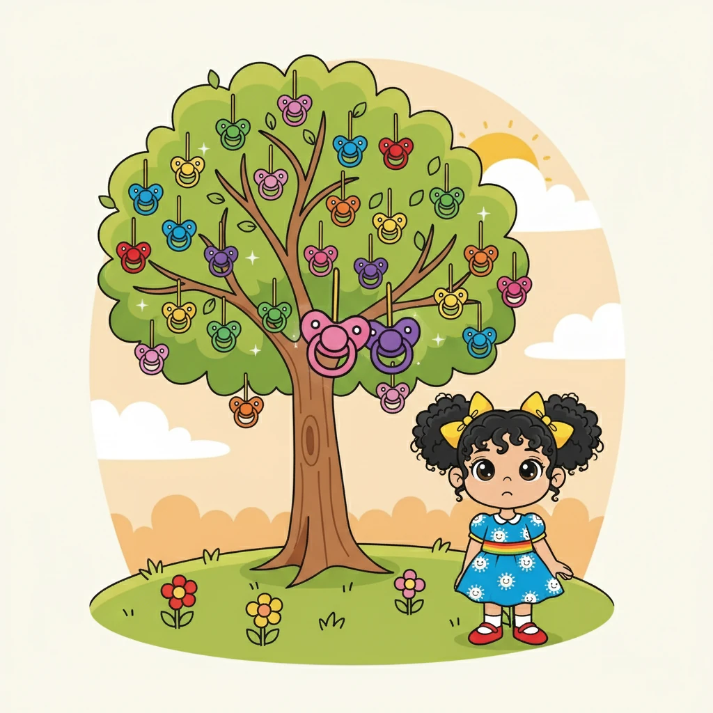 עץ מוצצים עמוס במוצצים צבעוניים תלויים עליו. בולטים במיוחד שני מוצצים: ורוד וסגול, המזכירים את התמימות והפרידה מילדות.