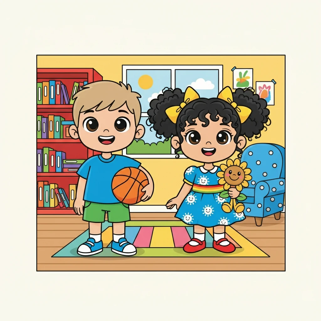 ארי, עם שיער קצוץ בהיר וכדורסל ביד, וליה מחייכת, נכנסים לחדר. הם נראים נרגשים ומוכנים להרפתקה חדשה.