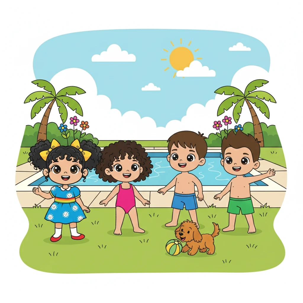 אלמה, דרי, ארי וליה לבושים בבגדי ים, עומדים על הדשא ליד בריכה. כלב חום קטן משחק לידם, מוסיף עוד שמחה לחבורה.