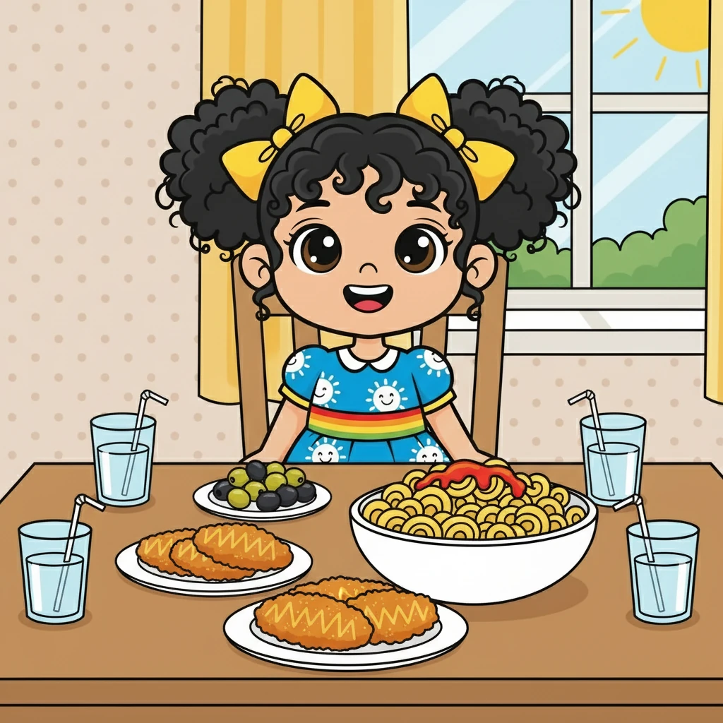 על שולחן האוכל מונחים תבשילים טעימים: צלחת זיתים, שניצלים ופסטה. כוסות מים מסודרות מסביב, מוכנות לסעודה משותפת.