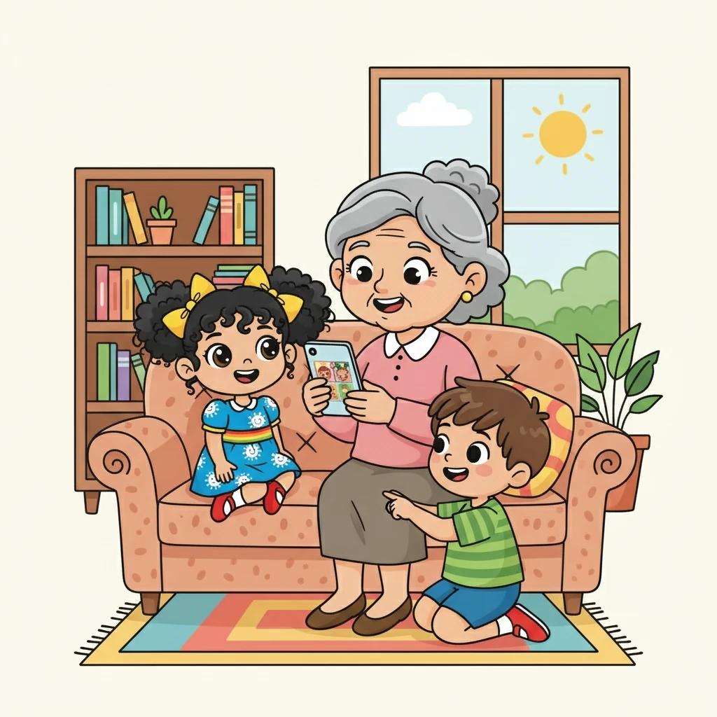 סבתא יושבת על הספה עם נכדיה, מחזיקה בפלאפון ומראה להם משהו מרתק. כולם מקשיבים בעיון, ומשתפים פעולה בהנאה.