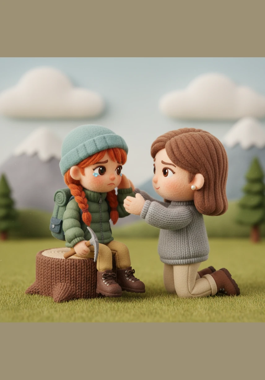 Ten-year-old Windy gazes out her window at the towering peak, holding a small flag and dreaming of the day she can finally stand at the summit. Her mother watches from the doorway, reminding her that she must wait until she is older and stronger for such a big adventure.