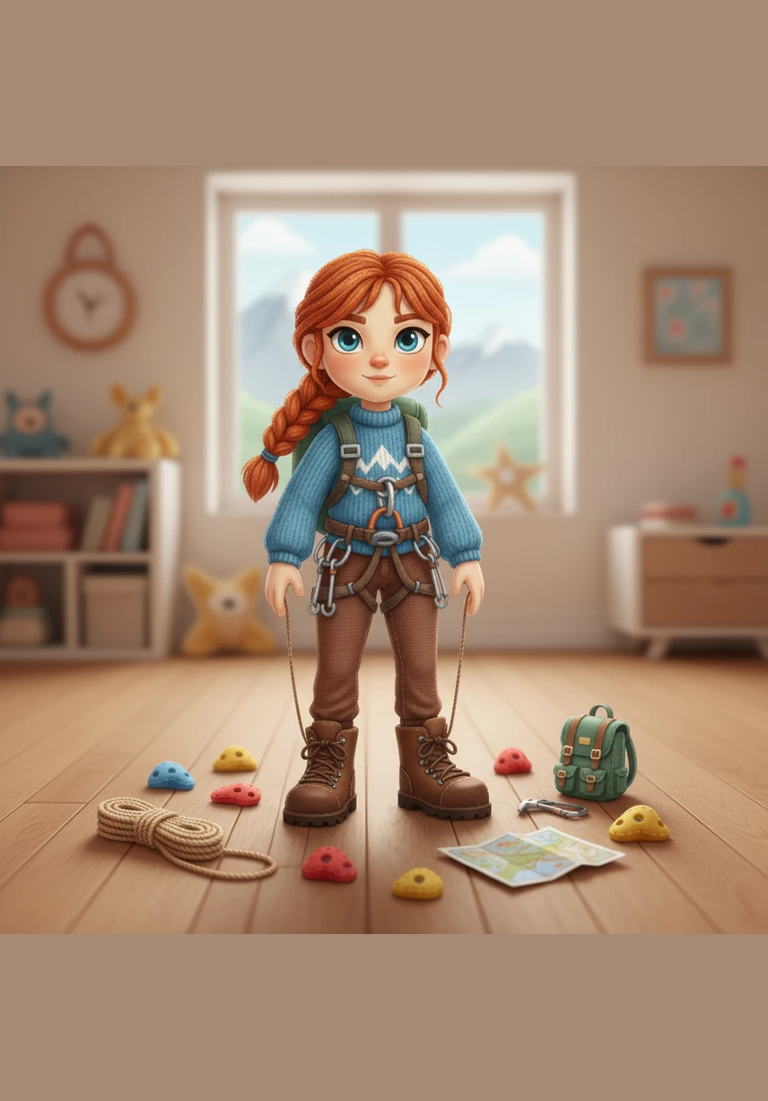 Over the next four years, Windy prepares for her journey by training every day and gathering essential climbing gear. She carefully checks her new hiking stick, sturdy boots, climbing rope, and sharp axe, making sure she is ready for any challenge.