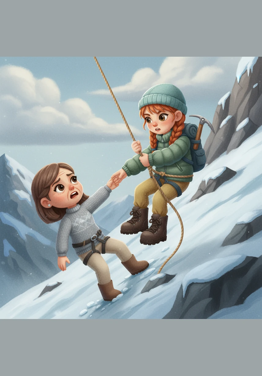 While climbing toward the higher peaks, a massive boulder starts rolling down the slope directly toward Windy. She quickly ties her rope to a sturdy rock and swings through the air like a hero, narrowly avoiding the crashing stone and falling debris.