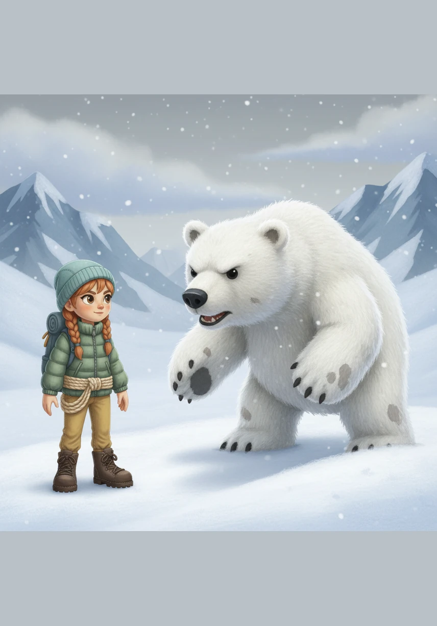 In the freezing snow, a fierce snow leopard with sharp fangs leaps out to challenge Windy. Thinking fast, she fashions her rope into a lasso and catches the leopard in mid-air, proving her incredible skill and survival instincts.