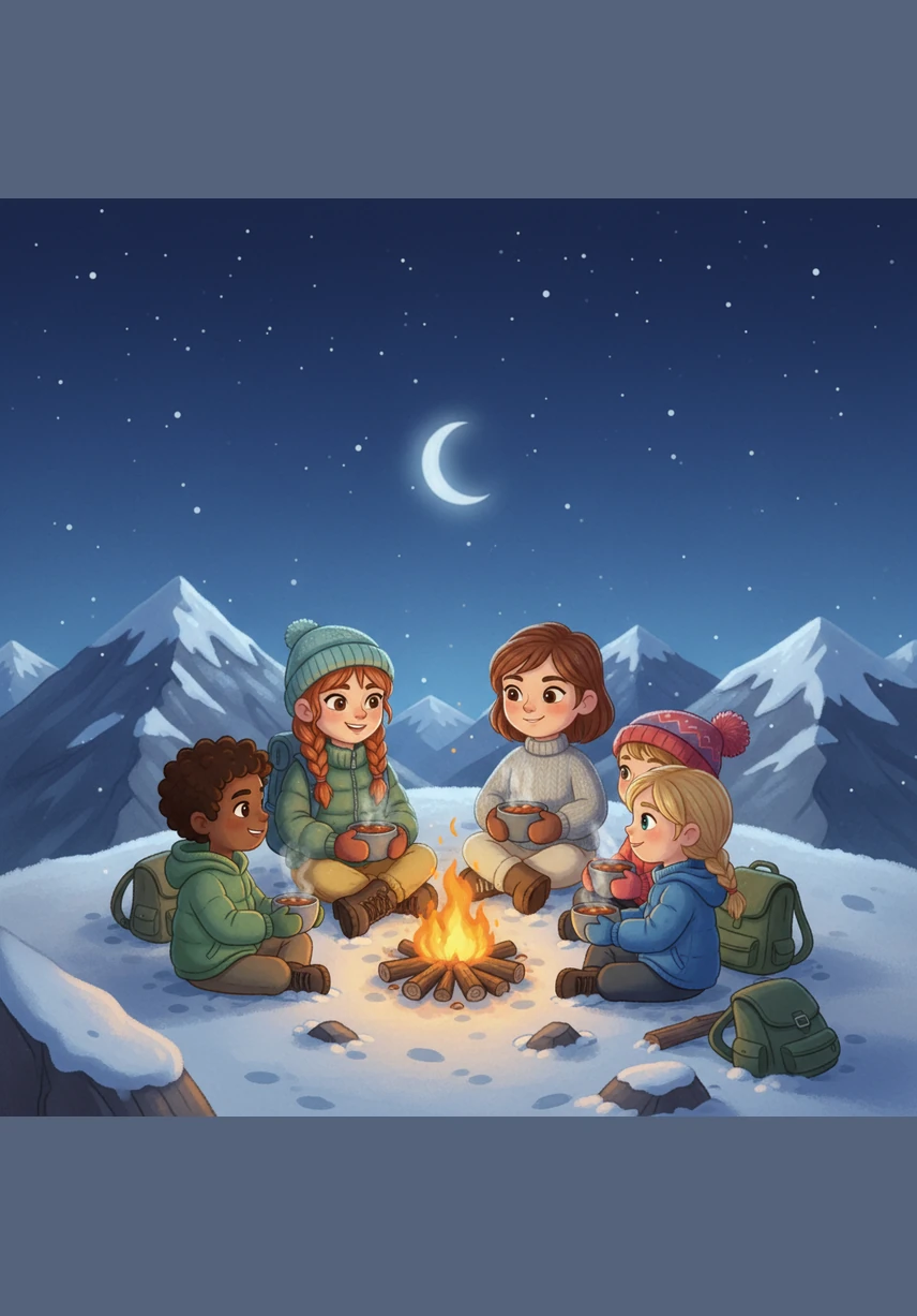 Windy reaches the snowy summit at last and builds a warm fire to celebrate her victory. She is joined by the friends she met at the lower camps, and they all share a meal together under the vast, open sky.