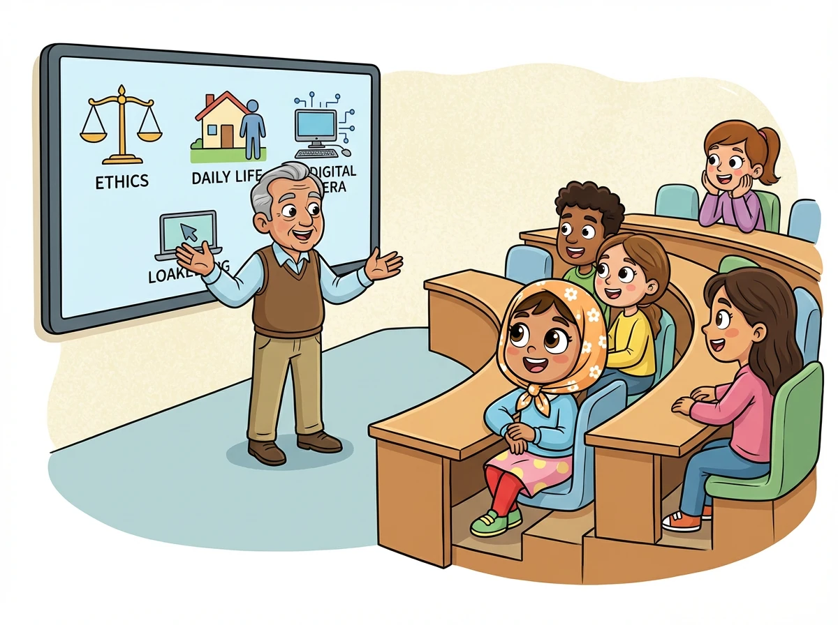 Di dalam dewan kuliah, seorang profesor bijaksana, Dr. Kamal, memulakan wacana. Beliau menerangkan kepentingan etika dalam kehidupan seharian dan cabaran yang dihadapi oleh mahasiswa dalam era digital. Para mahasiswa tekun mendengar.