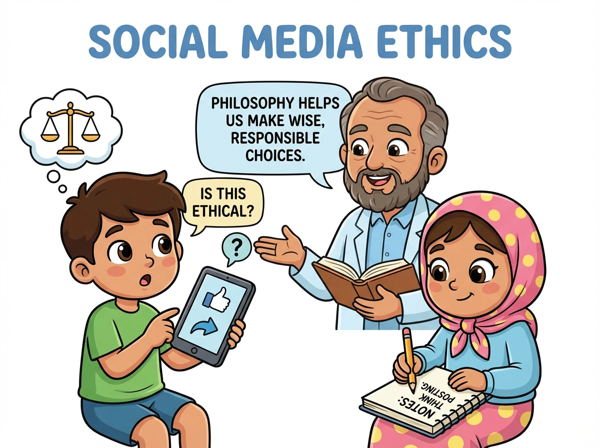 Amin bertanya tentang dilema etika dalam penggunaan media sosial. Dr. Kamal menjelaskan bagaimana falsafah dapat membantu mereka membuat keputusan yang bijak dan bertanggungjawab. Chong mencatat nota dengan penuh perhatian.