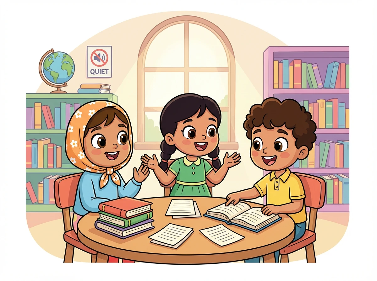 Farah dan rakan-rakannya berkumpul di perpustakaan untuk membuat perbincangan tentang esei mereka. Mereka saling bertukar idea dan memberikan maklum balas yang membina. Devi dan Amin memberikan idea bernas.