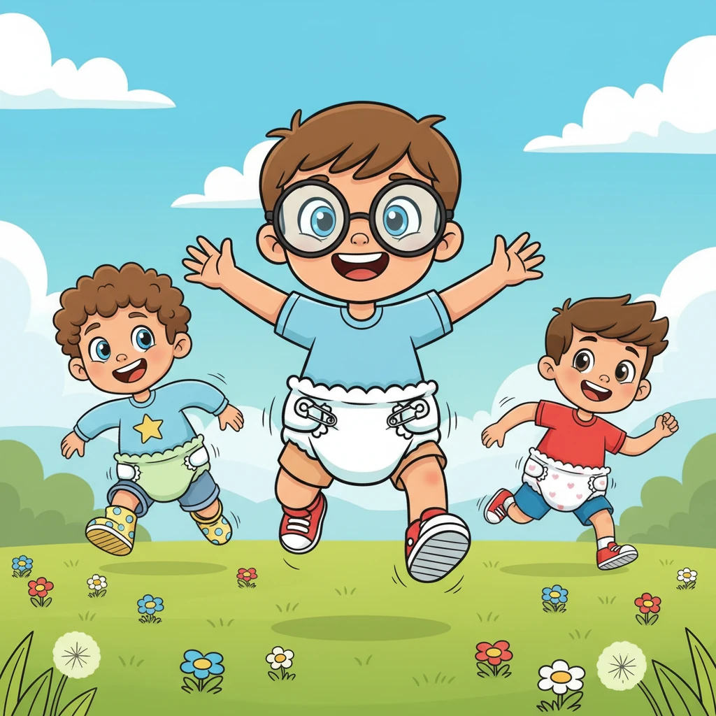 In the cheerful town of Bloomwood, all little boys wore soft, colorful diapers, even as they grew taller. Young Finn, with his bright eyes and playful grin, loved to race his friends through sunny meadows, their puffy bottoms bouncing with every joyful leap.