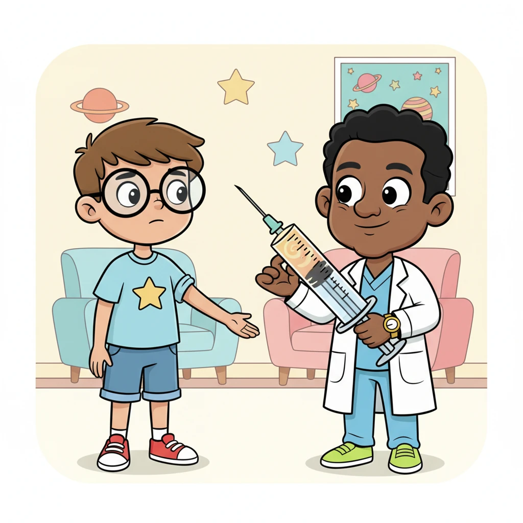 On his thirteenth birthday, Finn visited the kind Dr. Pipsqueak. The doctor, with a gentle smile, explained the special injection that would help Finn embrace his unique destiny, keeping him forever young at heart and body.