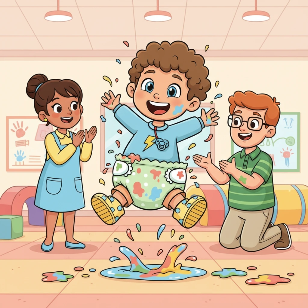 The teachers, with their encouraging claps, showed the boys how to make big, happy messes in their diapers, celebrating every wiggle and splash. Finn quickly learned to enjoy the squishy comfort and freedom.