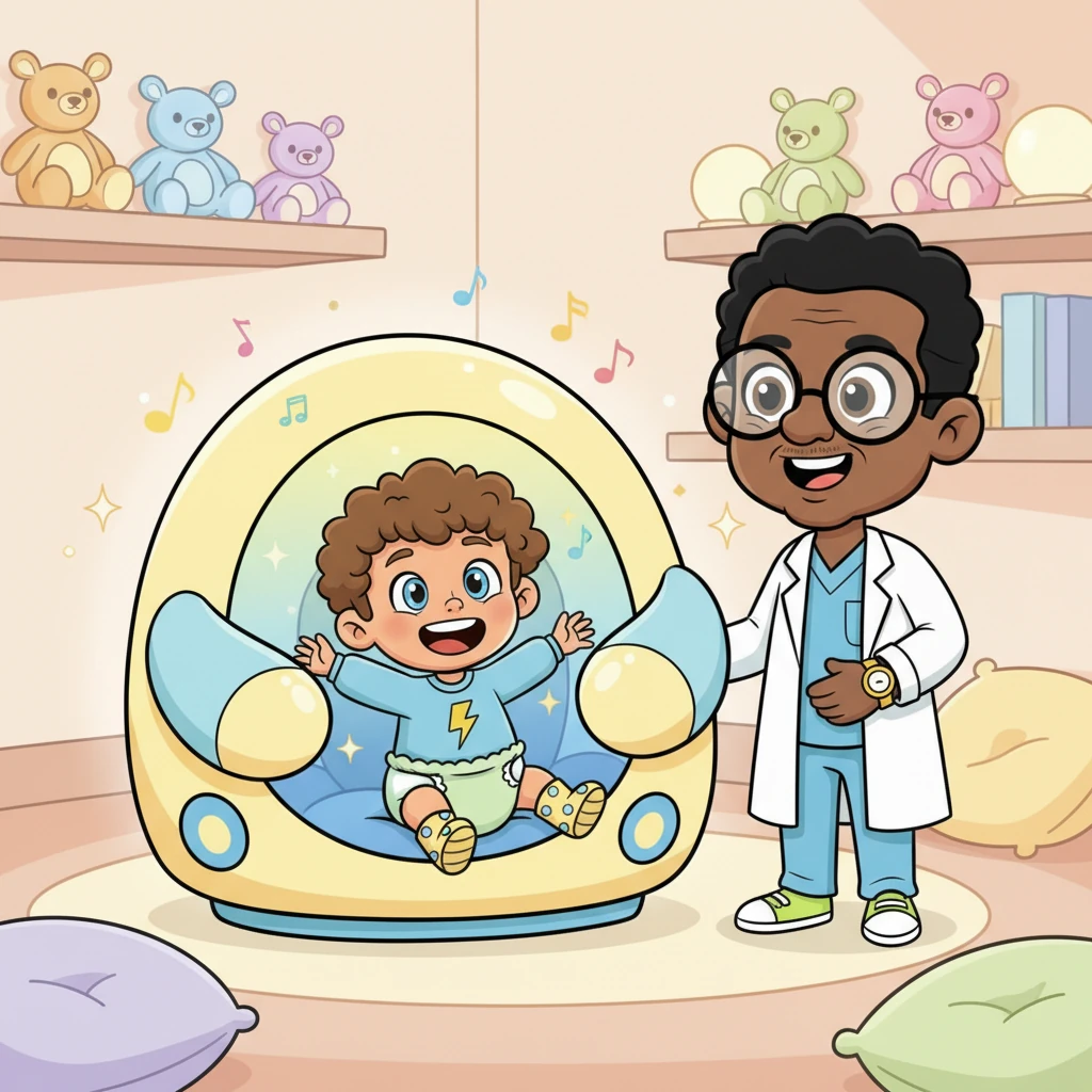 Leo was gently led to a special 'Cuddle Machine' in a bright, cozy room. Soft lights and gentle hums filled the air as the machine worked its magic, easing Leo's resistance and helping him rediscover his inner toddler joy.