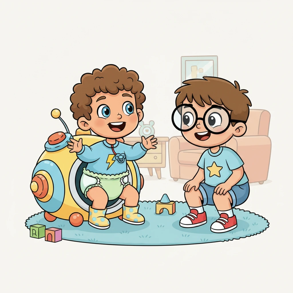 Emerging from the machine, Leo giggled with delight, his frown replaced by a wide, happy smile. He now loved his soft diapers and happily joined Finn, squatting down with a cheerful plop, ready for playtime.