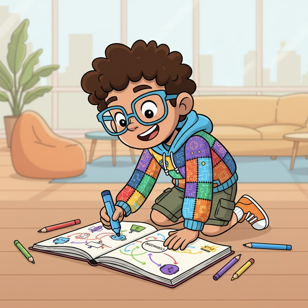 Suddenly, an idea sparks! Alex envisions a 'Customizer' plugin, a brilliant solution to allow users to tailor their EBX environment. She sketches out her initial thoughts in a vibrant notebook, filled with colorful diagrams and excited annotations. Her face glows with determination.