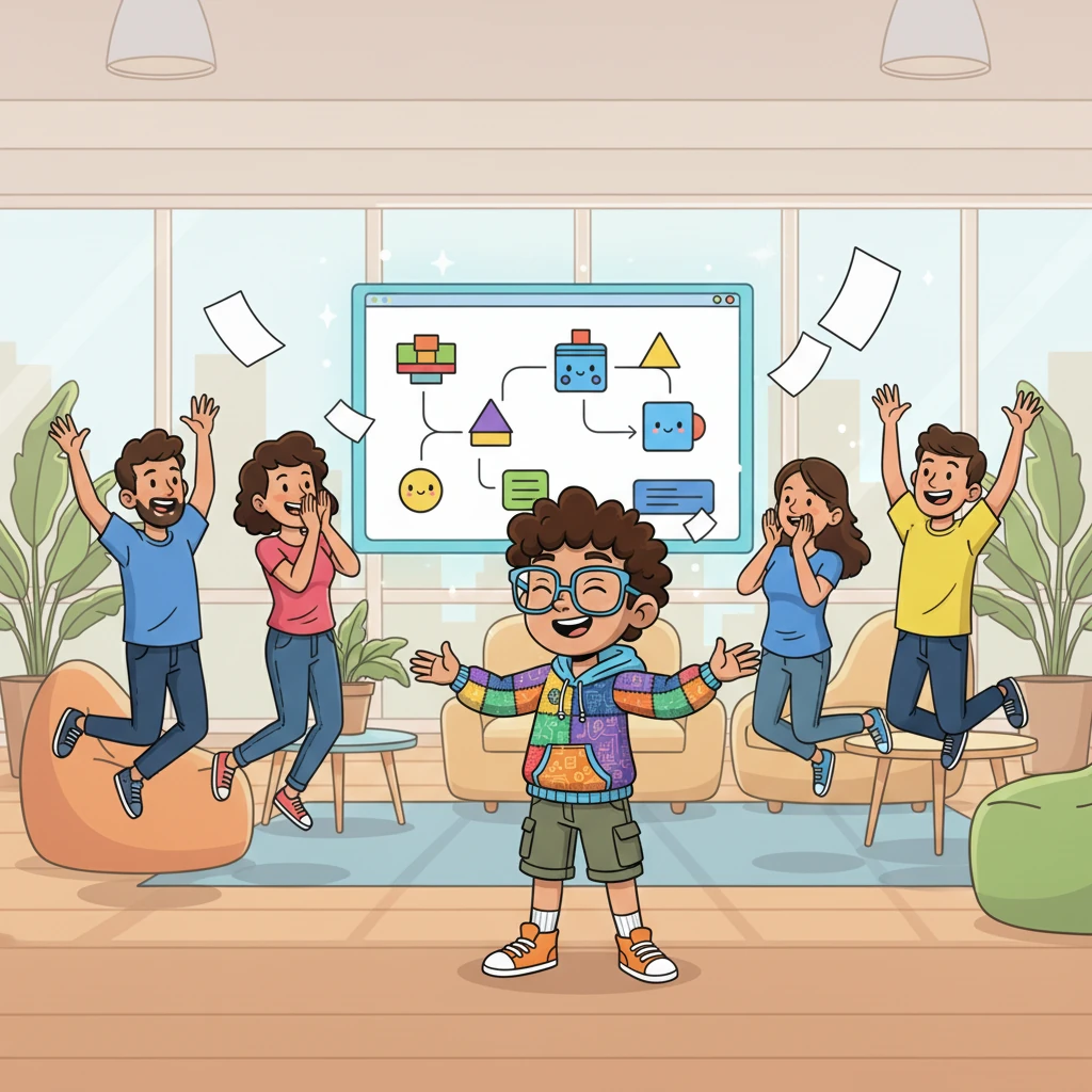 Her colleagues are amazed! Gasps of delight fill the room as they witness the seamless functionality of her custom UI. They clap and cheer, recognizing the immense value Alex has brought to their product. It's a moment of shared success.