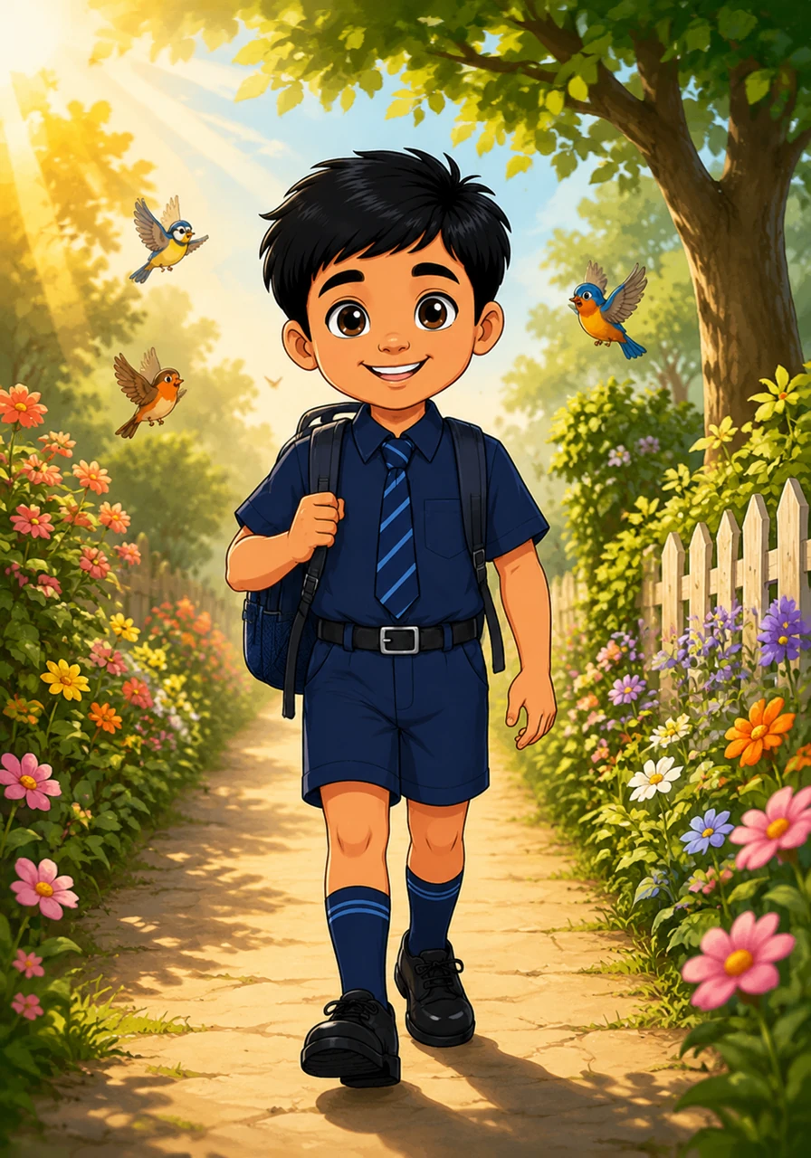 એક સવારે સૂર્યના સોનેરી કિરણો વચ્ચે રાહુલ હાથમાં દફતર લઈને ઉત્સાહથી શાળાએ જવા નીકળ્યો. રસ્તાની બંને બાજુએ સુંદર ફૂલો ખીલેલા હતા અને પક્ષીઓ કલરવ કરી રહ્યા હતા. રાહુલ પ્રકૃતિનો આનંદ માણતા માણતા આગળ વધી રહ્યો હતો.